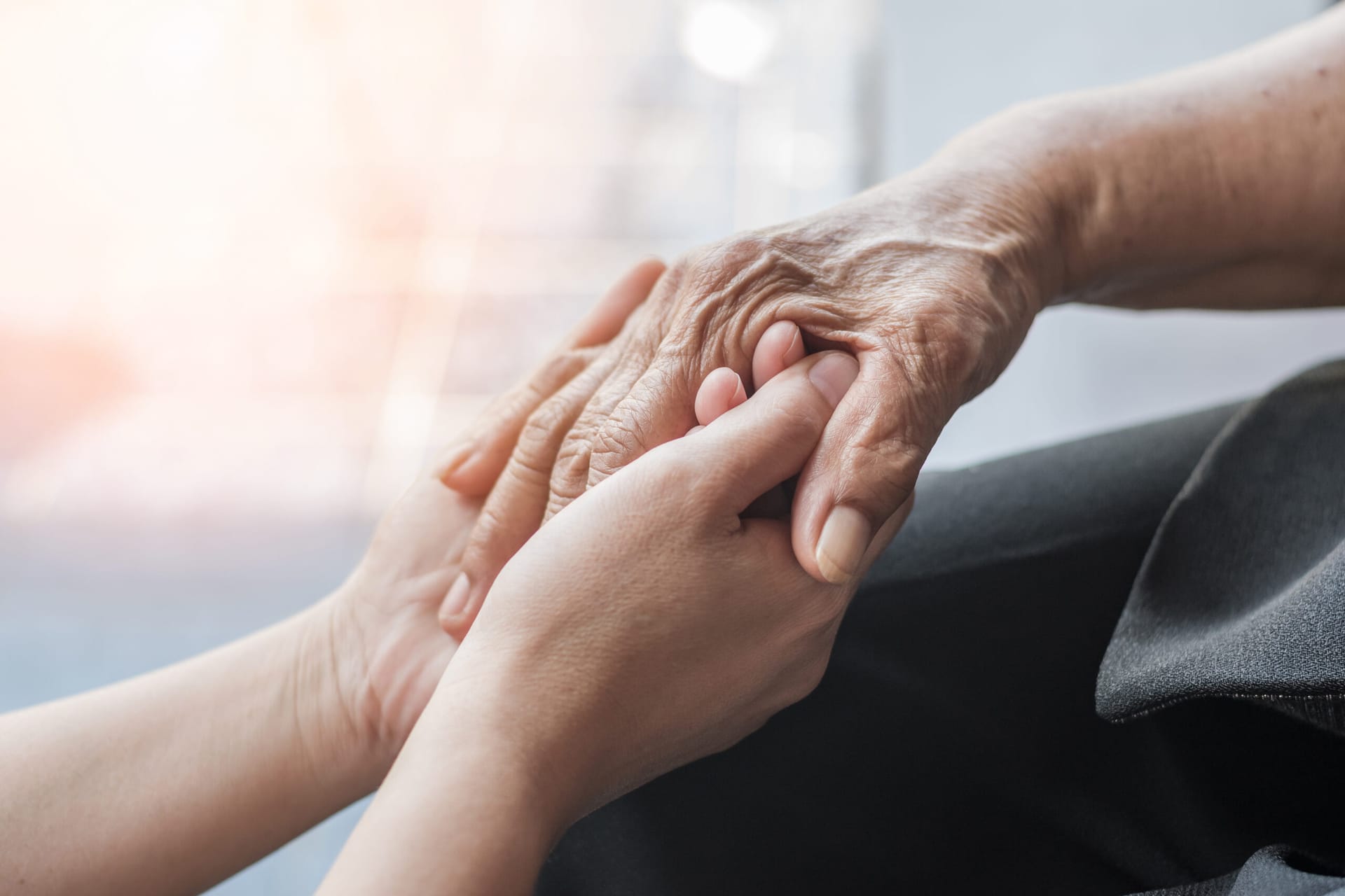 Adult hands holding the hand of an older adult.